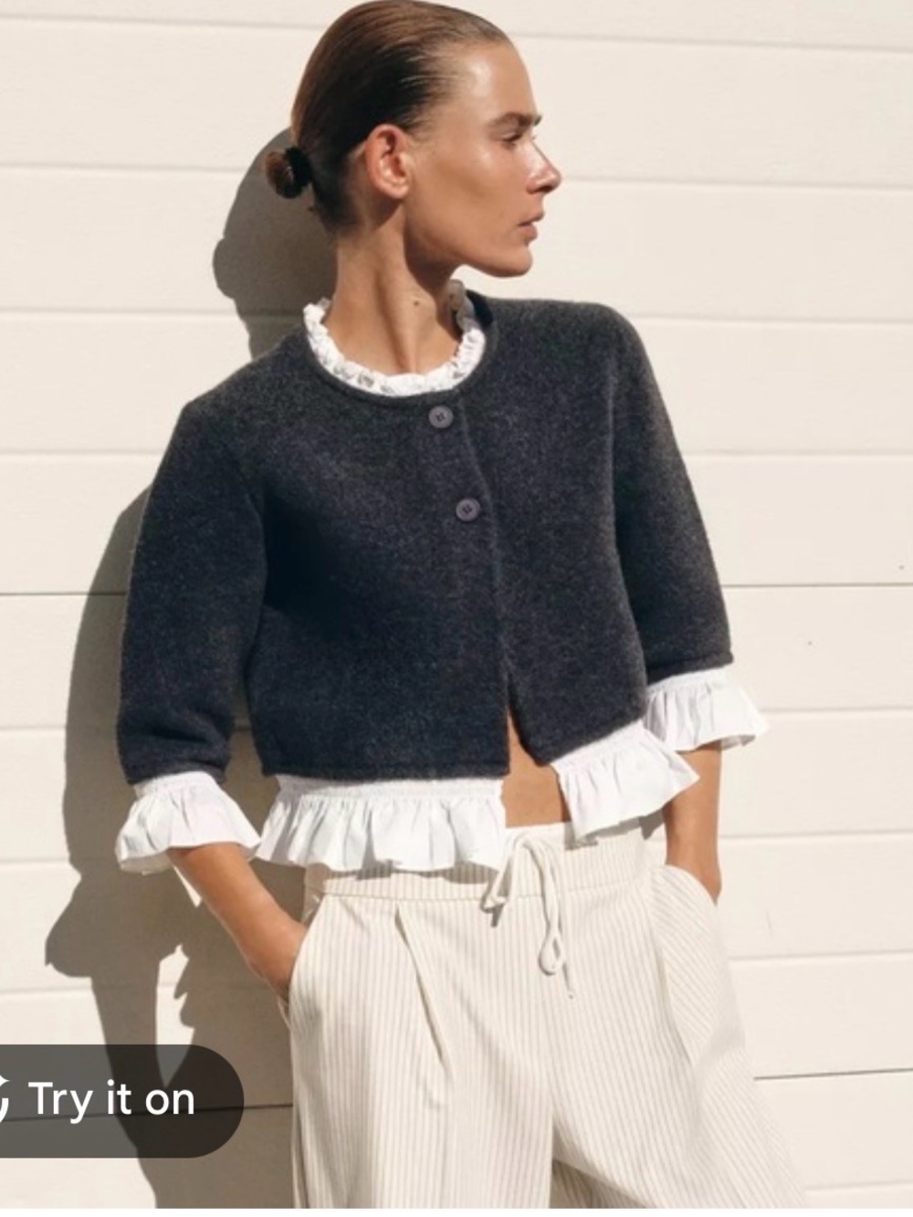 Zara Charcoal Cropped Button-Front Knit Jacket